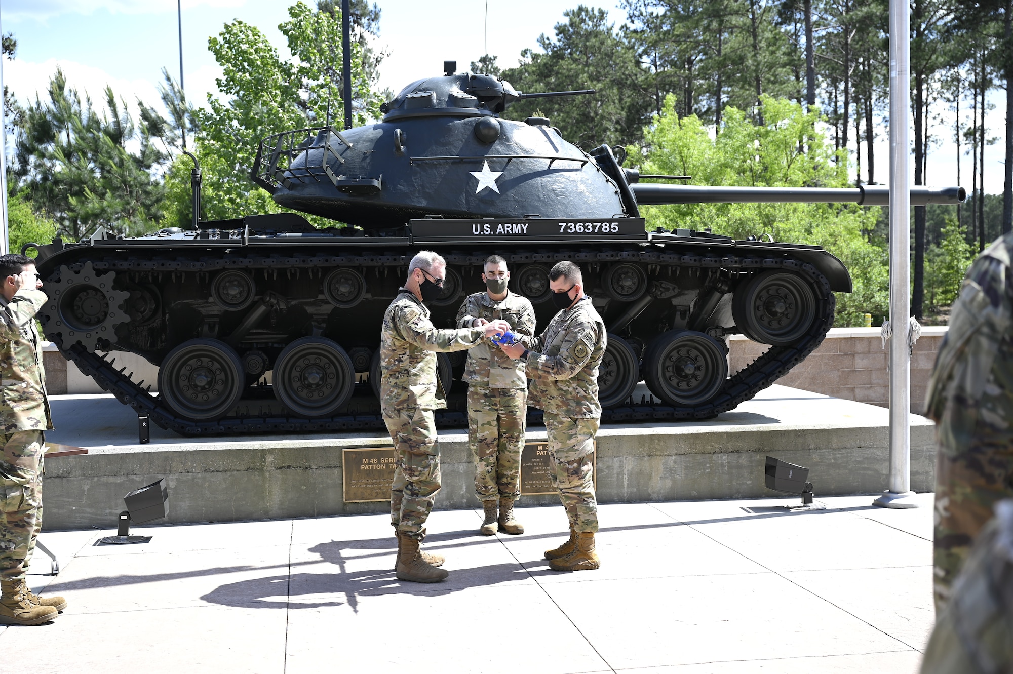 Col. Fredrick A. Coleman III, left, the 609th Air Operations Center commander, unfurls a flag with Lt. Col. Virnon Garrison, the 727th Expeditionary Air Control Squadron commander, during a realignment ceremony at Shaw Air Force Base, South Carolina, May 7, 2021. The ceremony was held to unveil the new squadron flag for the 727th EACS, representing their realignment from the 380th Expeditionary Operations Group to the 609th AOC. This move enhances 9th Air Force (Air Forces Central)’s operational resilience and demonstrates advancements in the Air Force’s ability to distribute operations globally. It also provides a unique opportunity to synchronize command and control functions from the tactical to the operational level. (U.S. Air Force photo by Tech. Sgt. E’lysia Wray)