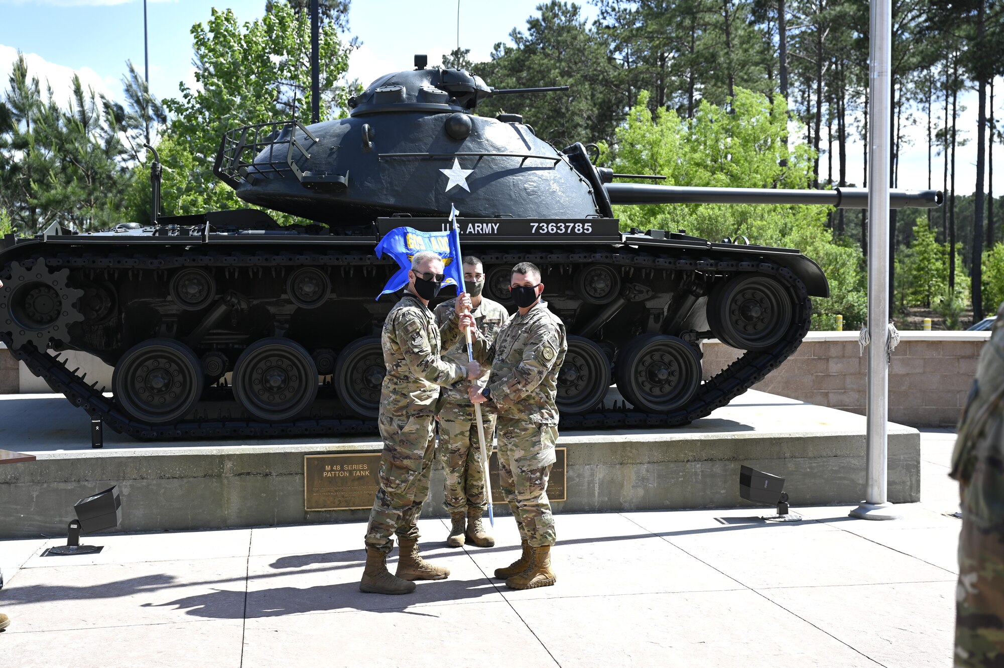 Col. Fredrick A. Coleman III, left, the 609th Air Operations Center commander, poses with Lt. Col. Virnon Garrison, the 727th Expeditionary Air Control Squadron commander, during a realignment ceremony at Shaw Air Force Base, South Carolina, May 7, 2021. The ceremony was held to unveil the new squadron flag for the 727th EACS, representing their realignment from the 380th Expeditionary Operations Group to the 609th AOC. This move enhances 9th Air Force (Air Forces Central)’s operational resilience and demonstrates advancements in the Air Force’s ability to distribute operations globally. It also provides a unique opportunity to synchronize command and control functions from the tactical to the operational level. (U.S. Air Force photo by Tech. Sgt. E’lysia Wray)