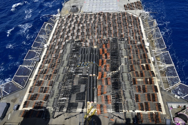 Weapons aboard USS Monterey (CG 61) from a stateless dhow interdicted in international waters of the North Arabian Sea.