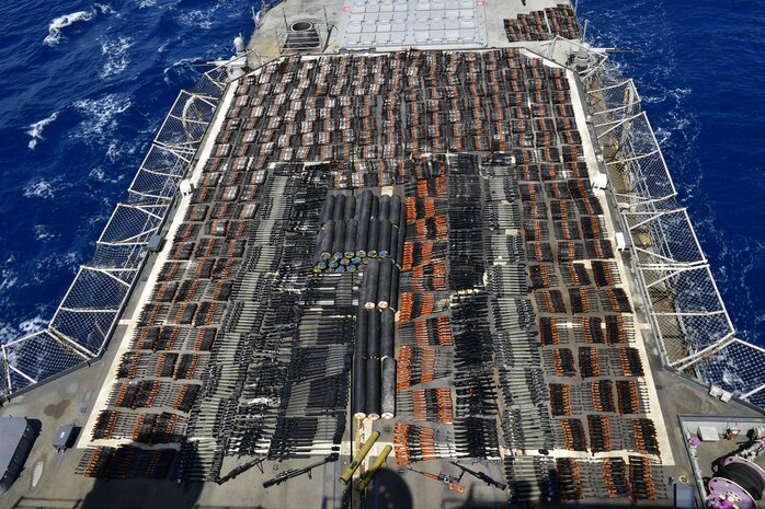 Weapons aboard USS Monterey (CG 61) from a stateless dhow interdicted in international waters of the North Arabian Sea.