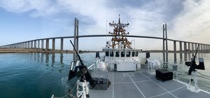 210507-G-NO146-1101 SUEZ CANAL (May 7, 2021) – Fast response cutter USCGC Charles Moulthrope (WPC 1141), along with fast response cutter USCGC Robert Goldman (WPC 1142), not pictured, transit the Suez Canal, May 7. Charles Moulthrope and Robert Goldman are the newest additions to Patrol Forces Southwest Asia (PATFORSWA), which is comprised of six 110' cutters, the Maritime Engagement Team, shore side support personnel, and is the Coast Guard's largest unit outside of the U.S. playing a key role in supporting Navy security cooperation, maritime security, and maritime infrastructure protection operations in the U.S. 5th Fleet area of operations. (U.S. Coast Guard photo by Petty Officer 2nd Class Hillary Beaugh)