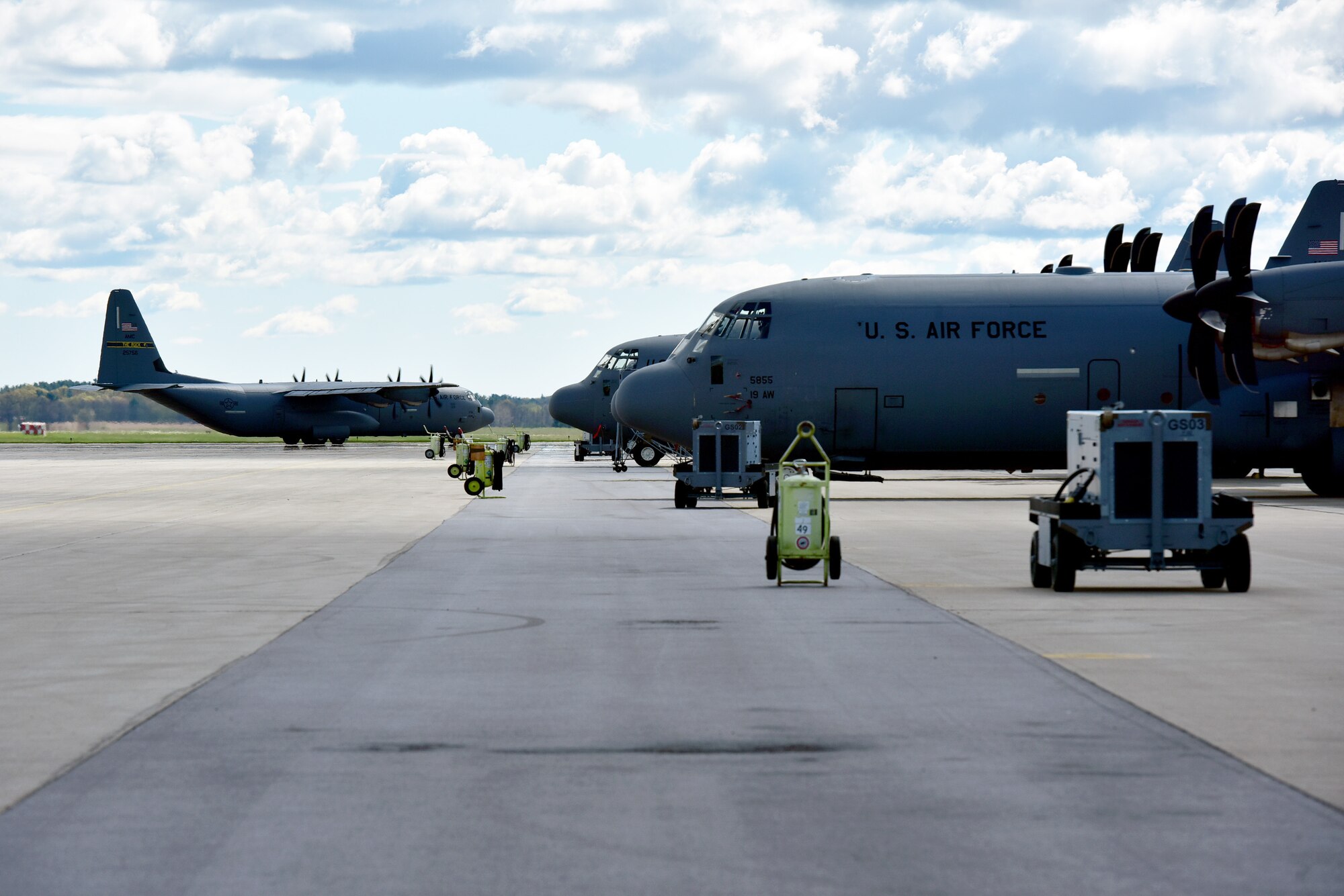 A C-130J Super Hercules assigned to the 19th Airlift Wing taxis on the flightline at Volk Field Air National Guard Base
