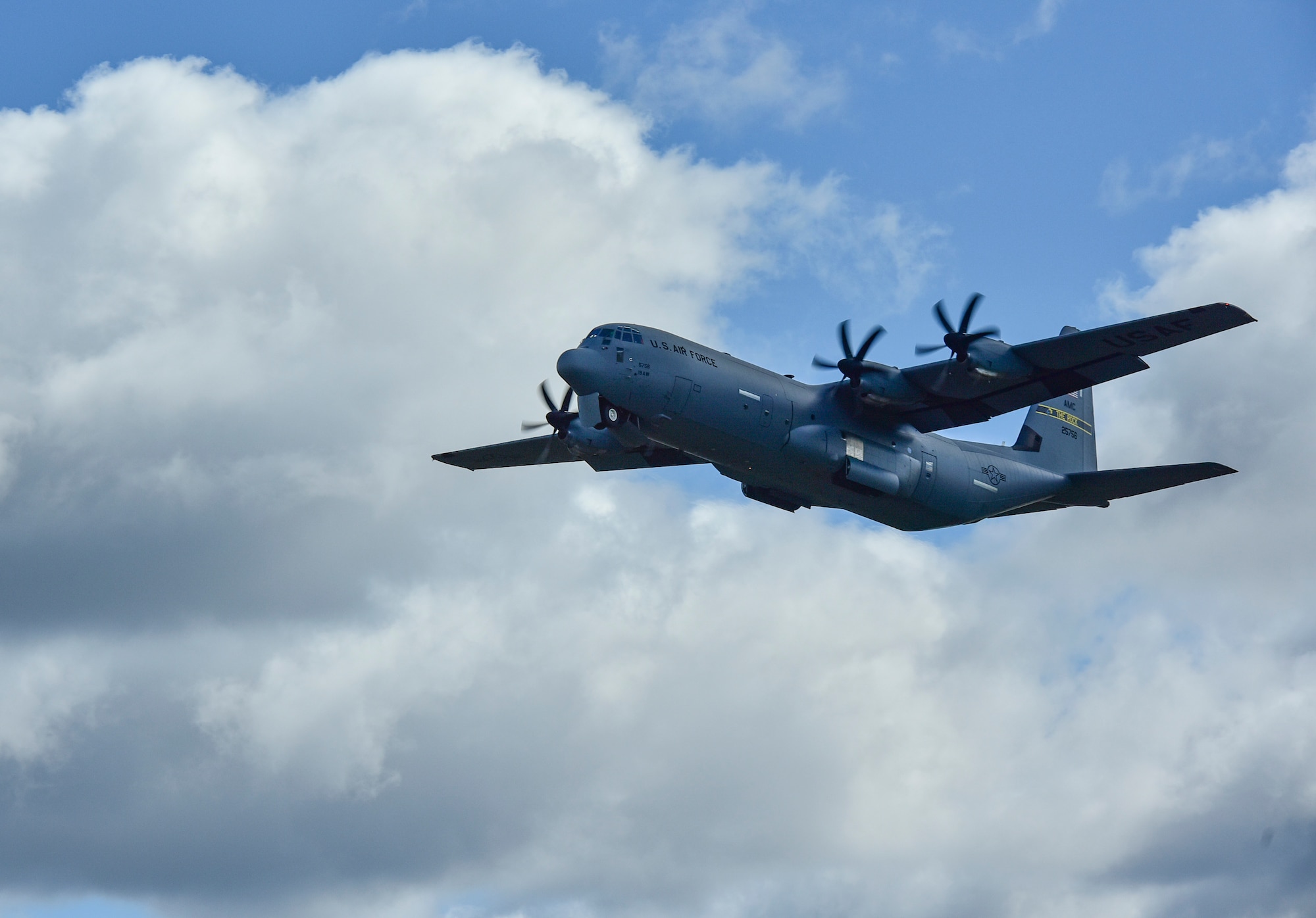 A C-130J Super Hercules assigned to the 19th Airlift Wing takes off from Volk Field Air National Guard Base