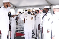 NAVAL STATION NORFOLK –Cmdr. Jason Horning departs as commanding officer during a change of command ceremony on board the Arleigh Burke-class destroyer USS Truxtun (DDG 103). During the ceremony, Cmdr. Jason Horning relieved Cmdr. Jason DeBlock of command following an 18-month tour as commanding officer. (U.S. Navy photo by Lieutenant Junior Grade Jordan Trias)