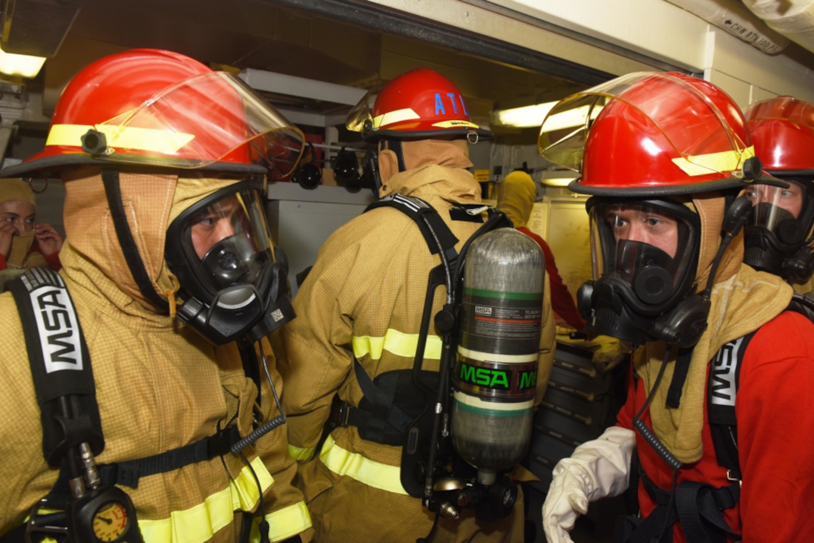 The crew aboard the USCGC Stone (WMSL 758) conducts firefighting training on Jan. 12, 2021, off the Gulf Coast of the United States. Stone departed on their maiden voyage in December. (U.S. Coast Guard photo by Petty Officer 3rd Class John Hightower)