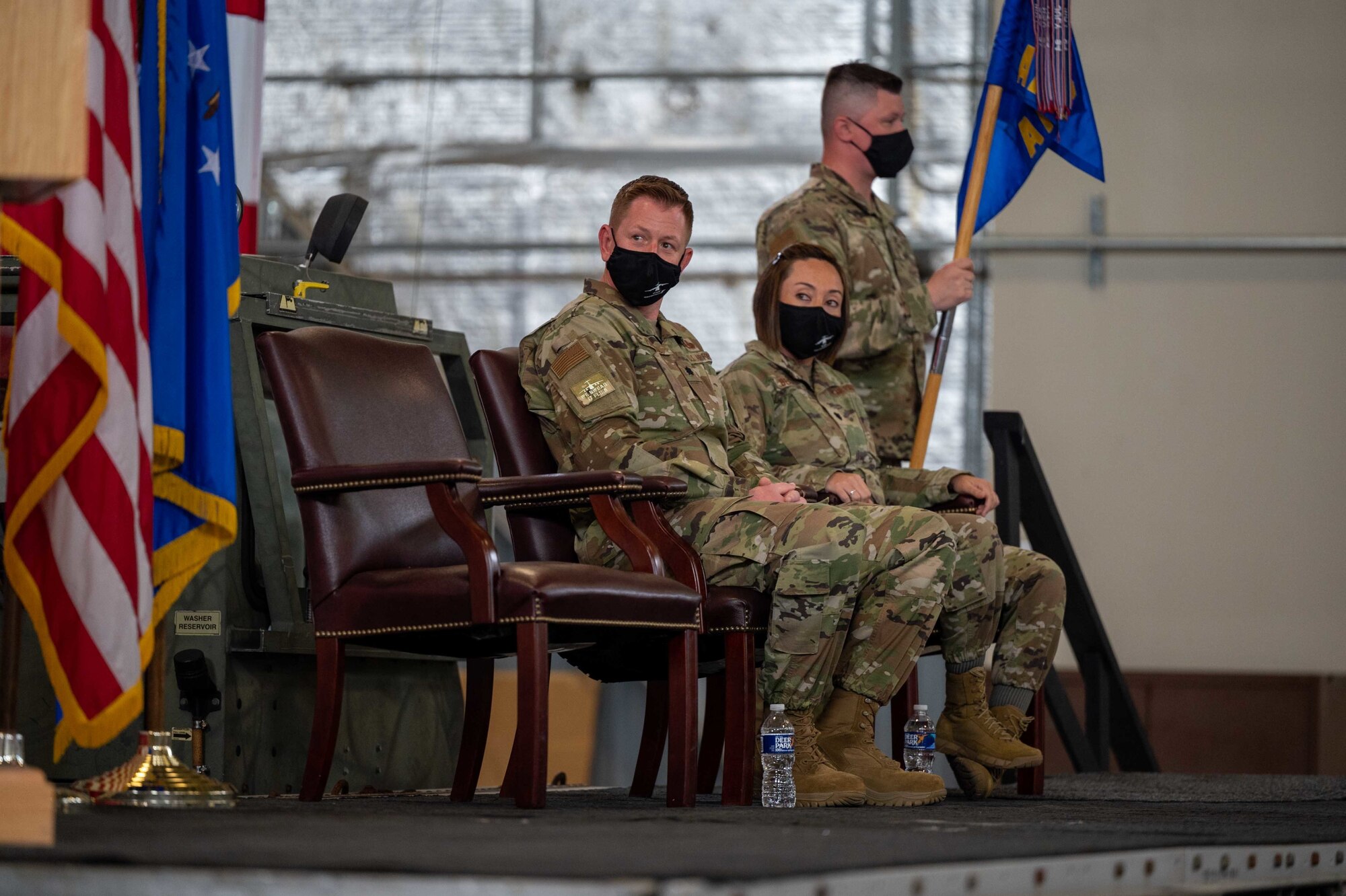 Lt. Col. Jason Purcell, left, outgoing 436th Aircraft Maintenance Squadron commander, and Lt. Col. Josephine Beacham, incoming 436th AMXS commander, sit at the 436th AMXS change of command ceremony on Dover Air Force Base, Delaware, May 7, 2021. During the ceremony, Purcell relinquished command to Beacham. The squadron is responsible for the inspection, repair, launch and recovery of Dover AFB’s C-5M Super Galaxy fleet. (U.S. Air Force photo by Airman 1st Class Faith Schaefer)