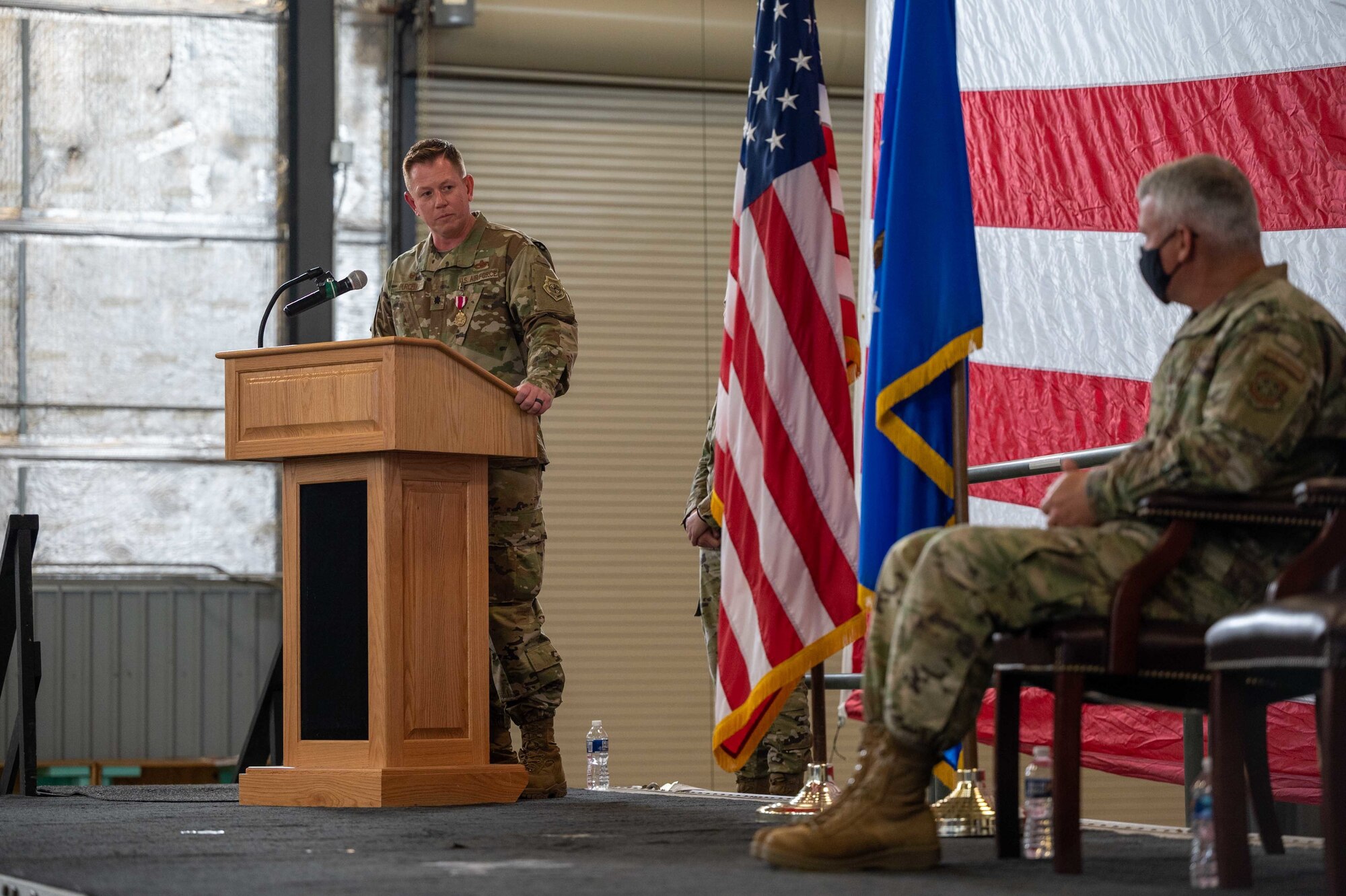 Lt. Col. Jason Purcell, outgoing 436th Aircraft Maintenance Squadron commander, speaks at the 436th AMXS change of command on Dover Air Force Base, Delaware, May 7, 2021. During the ceremony, Purcell relinquished command to Lt. Col. Josephine Beacham. (U.S. Air Force photo by Airman 1st Class Faith Schaefer)