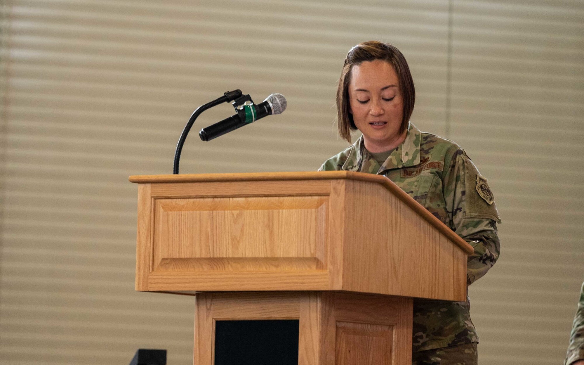 Lt. Col. Josephine Beacham, 436th Aircraft Maintenance Squadron commander, speaks at the 436th AMXS change of command on Dover Air Force Base, Delaware, May 7, 2021. During the ceremony, Beacham took command from Lt. Col. Jason Purcell. The squadron is responsible for the inspection, repair, launch and recovery of Dover AFB’s C-5M Super Galaxy fleet. (U.S. Air Force photo by Airman 1st Class Faith Schaefer)
