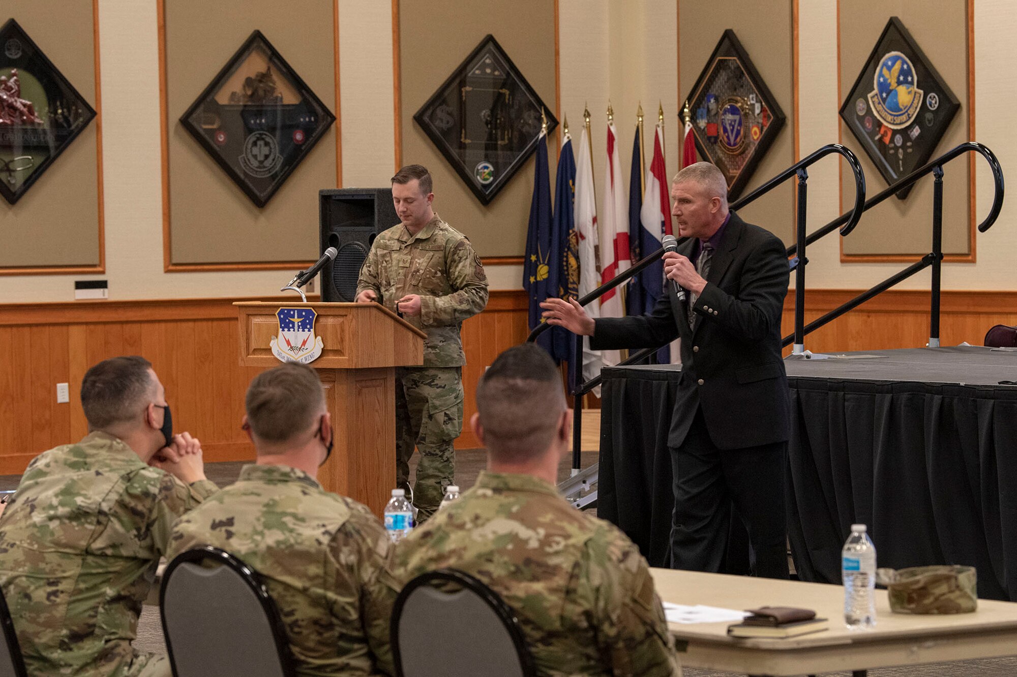 Kirk Clark, 341st Medical Group exercise physiologist, presents his innovative idea of a portable kitchen during the Wing1Werx Sparktank competition April 16, 2021, at Malmstrom Air Force Base, Mont.