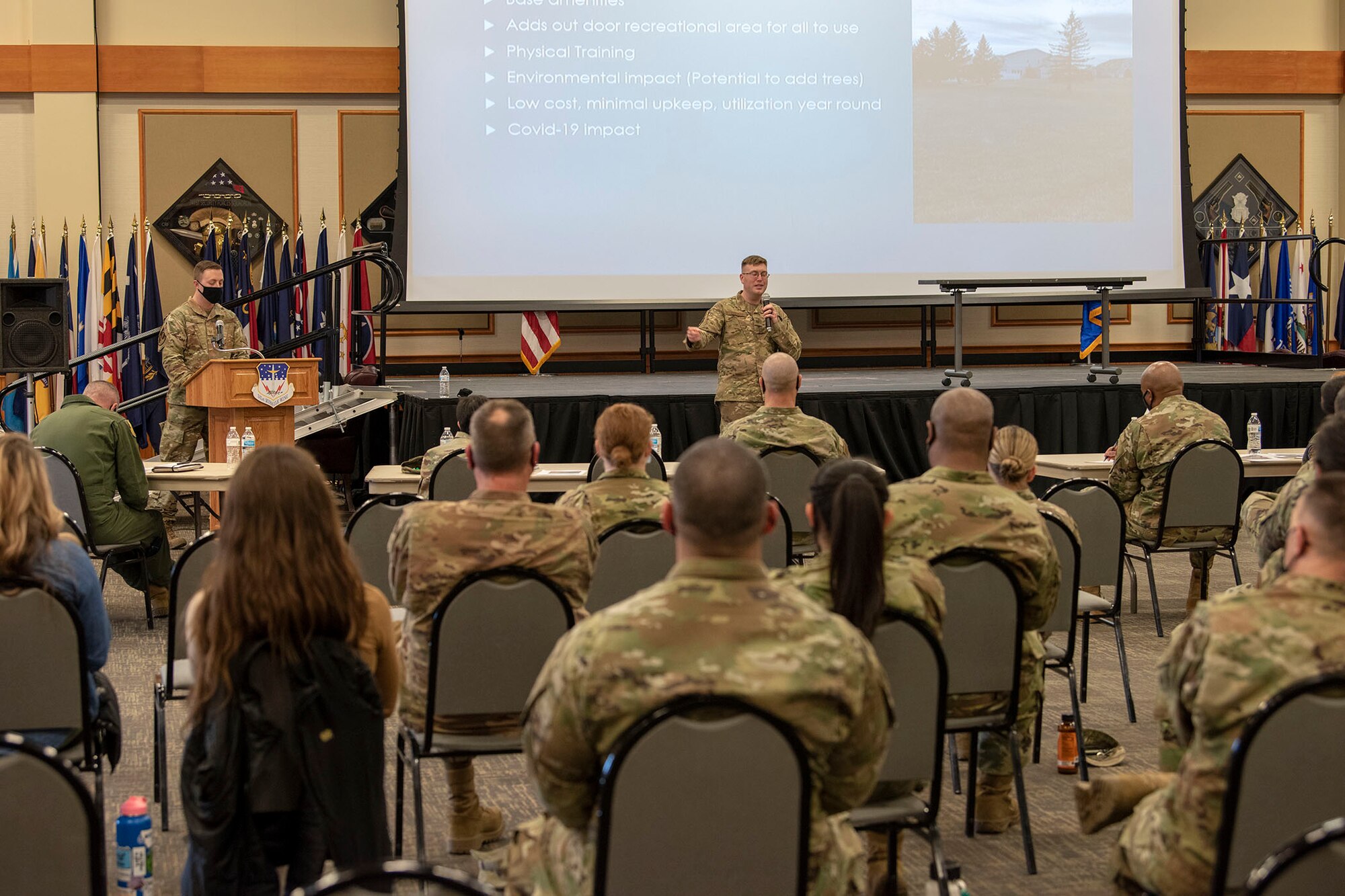 Tech. Sgt. Michael Hillard, 10th Missile Squadron facility manager, pitches the addition of a disc golf course on base April 16, 2021, at Malmstrom Air Force Base, Mont.