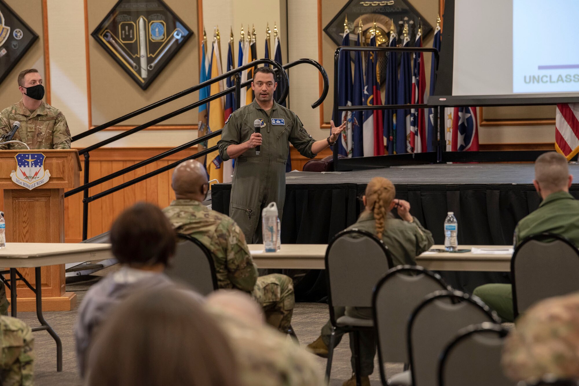 Wing1Werx competition winner Capt. David Mansfield, 10th Missile Squadron intercontinental ballistic missile combat crew member, presents his innovative idea of routing an additional dial line into Missile Alert Facility capsules April 16, 2021, at Malmstrom Air Force Base, Mont.