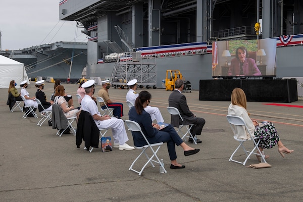U.S. Sen. Dianne Feinstein, from California, delivers pre-recorded remarks during the commissioning ceremony for the  expeditionary mobile base USS Miguel Keith (ESB 5) at Naval Base San Diego.