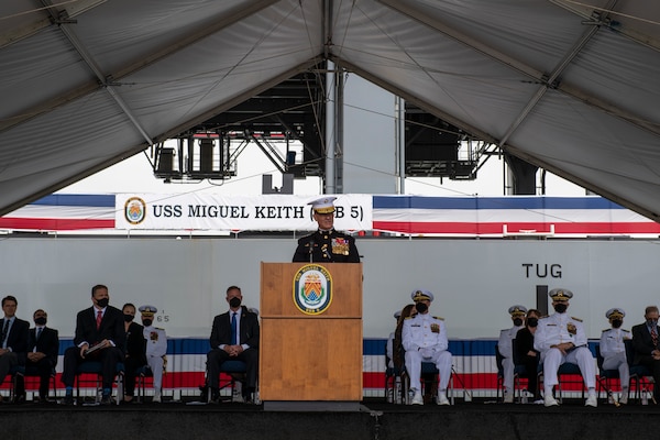 Lt. Gen. Karsten S. Heckl delivers remarks during the commissioning ceremony of the Lewis B. Puller-class expeditionary mobile base USS Miguel Keith (ESB 5).