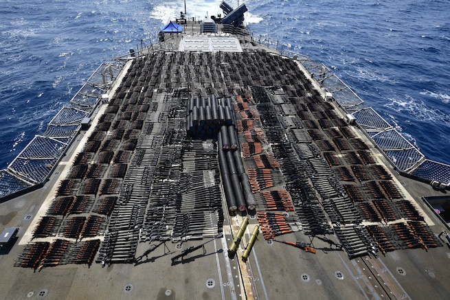 NORTH ARABIAN SEA (May 8, 2021) Thousands of illicit weapons interdicted by guided-missile cruiser USS Monterey (CG 61) from a stateless dhow in international waters of the North Arabian Sea on May 6-7. Maritime security operations, as conducted by the U.S. Fifth Fleet, entail routine patrols to determine pattern of life in the maritime as well as to enhance mariner-to-mariner relations. These operations reassure allies and partners and preserve freedom of navigation and free flow of commerce. (U.S. Navy Photo)