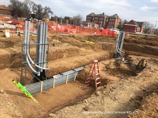 The conduit stub ups at the substation which are used to bring electricity to the Central Utility Plant at the Next National Geospatial-Intelligence Agency West Headquarters site under construction in St. Louis, Mo. March 3, 2021. The building complex is expected to be occupied in 2025.