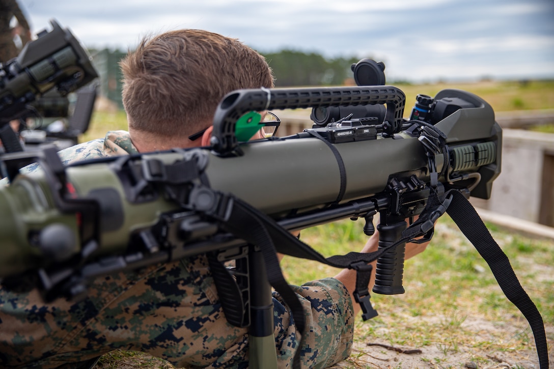 U.S. Marine Corps Sgt. David Beggel, a Warwick, N.Y. native, and a squad leader with 1st Battalion, 2nd Marine Regiment (1/2), 2d Marine Division (2d MARDIV), familiarizes himself with the functions of the M3E1 Multi-purpose Anti-armor Anti-personnel Weapon System on Camp Lejeune, N.C., May 6 , 2021.