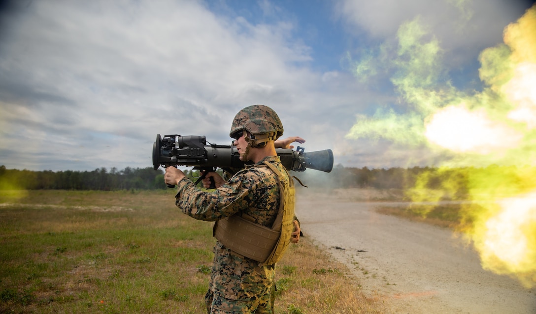 U.S. Marine Corps Cpl. Andrew Ritchie, a Macomb, Mich. native, an armorer with School of Infantry-East, utilizes the M3E1 Multi-purpose Anti-armor Anti-personnel Weapon System to engage targets during a live-fire training with 1st Battalion, 2d Marine Regiment (1/2), 2d Marine Division (2d MARDIV), on Camp Lejeune, N.C., May 6, 2021.