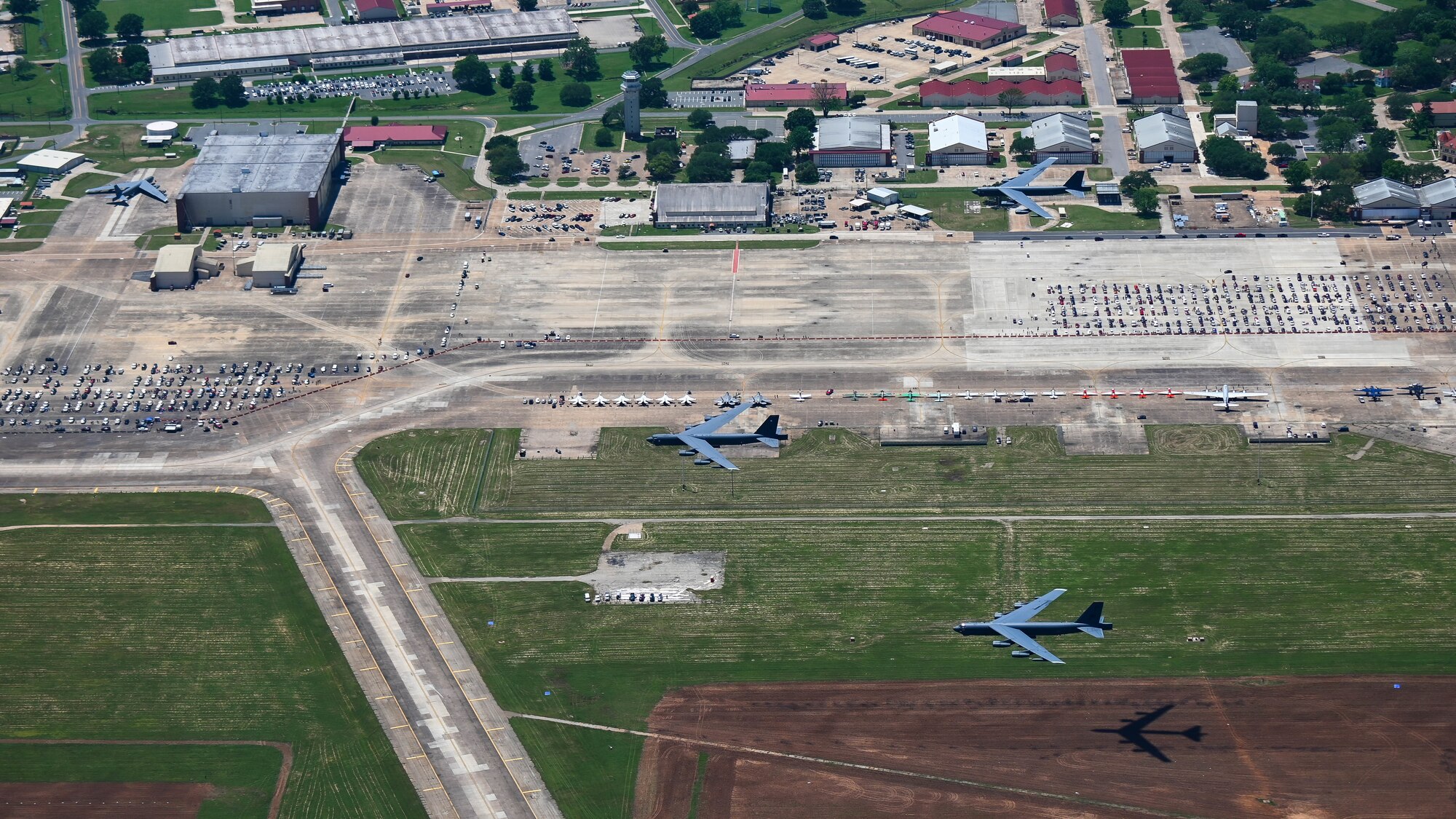 Three B-52H Stratofortresses fly over Barksdale Air Force Base, Louisiana, during the Barksdale Defenders of Liberty Air and Space Show May 8, 2021. The Defenders of Liberty airshow was first held in 1933 and is a full weekend of military and civilian aircraft, with performances and displays. (U.S. Air Force photo by Senior Airman Christina Graves)