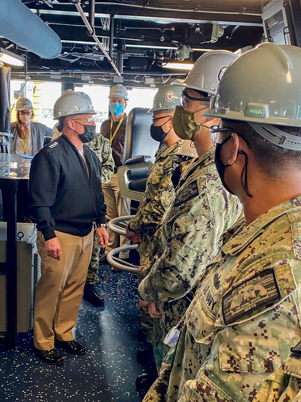 BATH, Maine (May. 10, 2021) - Chief of Naval Operations (CNO) Adm. Mike Gilday tours Bath Iron Works with Sen. Susan Collins and Sen. Angus King. During the visit, CNO also met with Sailors aboard USS Daniel Inouye (DDG 118) and USS Lyndon B. Johnson (DDG 1002). (U.S. Navy photo by Cmdr. Nate Christensen/Released)