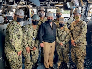 BATH, Maine (May. 10, 2021) - Chief of Naval Operations (CNO) Adm. Mike Gilday tours Bath Iron Works with Sen. Susan Collins and Sen. Angus King. During the visit, CNO also met with Sailors aboard USS Daniel Inouye (DDG 118) and USS Lyndon B. Johnson (DDG 1002). (U.S. Navy photo by Cmdr. Nate Christensen/Released)