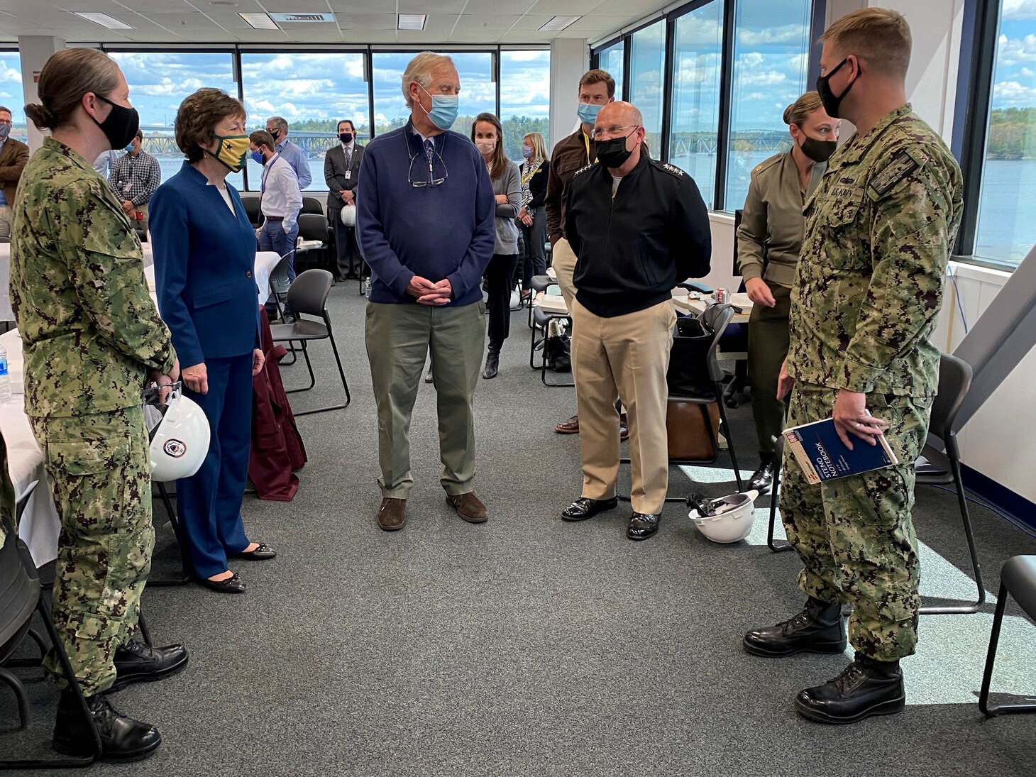 BATH, Maine (May. 10, 2021) - Chief of Naval Operations (CNO) Adm. Mike Gilday tours Bath Iron Works with Sen. Susan Collins and Sen. Angus King. During the visit, CNO also met with Sailors aboard USS Daniel Inouye (DDG 118) and USS Lyndon B. Johnson (DDG 1002). (U.S. Navy photo by Cmdr. Nate Christensen/Released)