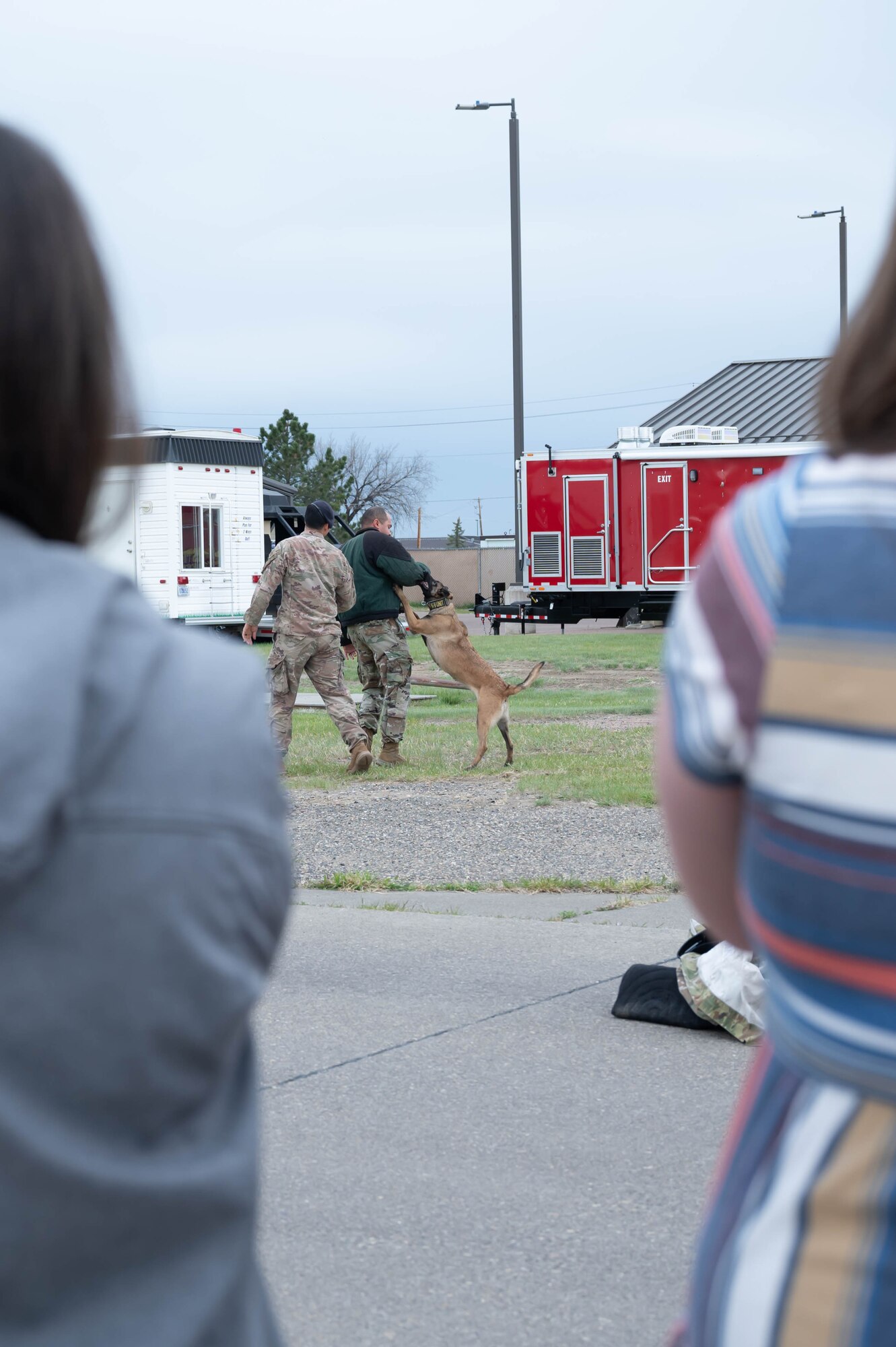 Military working dog Ffarah performs a bite demonstration for military spouses May 7, 2021, at Malmstrom Air Force Base, Mont.