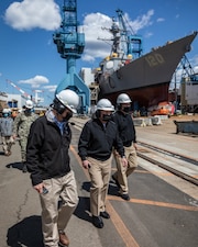 BATH, Maine (May. 10, 2021) - Chief of Naval Operations (CNO) Adm. Mike Gilday tours Bath Iron Works with Sen. Susan Collins and Sen. Angus King. During the visit, CNO also met with Sailors aboard USS Daniel Inouye (DDG 118) and USS Lyndon B. Johnson (DDG 1002). (Photo courtesy of Bath Iron Works/Released)