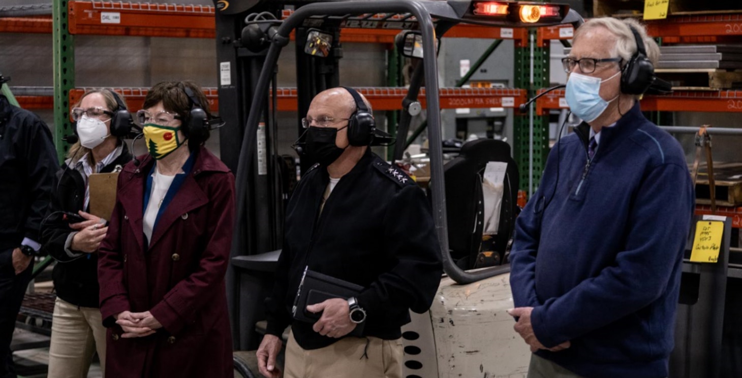 BATH, Maine (May. 10, 2021) Chief of Naval Operations (CNO) Adm. Mike Gilday tours Bath Iron Works with Sen. Susan Collins and Sen. Angus King. During the visit, CNO also met with Sailors aboard USS Daniel Inouye (DDG 118) and USS Lyndon B. Johnson (DDG 1002). (Photo courtesy of Bath Iron Works/Released)