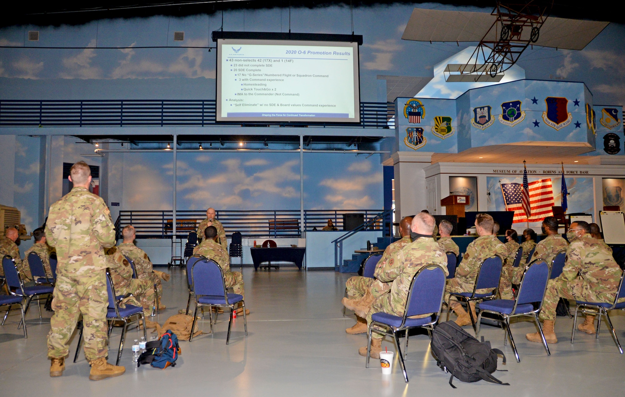 A group of 960th Cyberspace Wing Reserve Citizen Airmen receive a briefing on officer promotion boards April 28, 2021, at the Museum of Aviation, Robins Air Force Base, Georgia, during the 960th CW 2021 Leadership Summit. (U.S. Air Force photo by Tech. Sgt. Samantha Mathison)