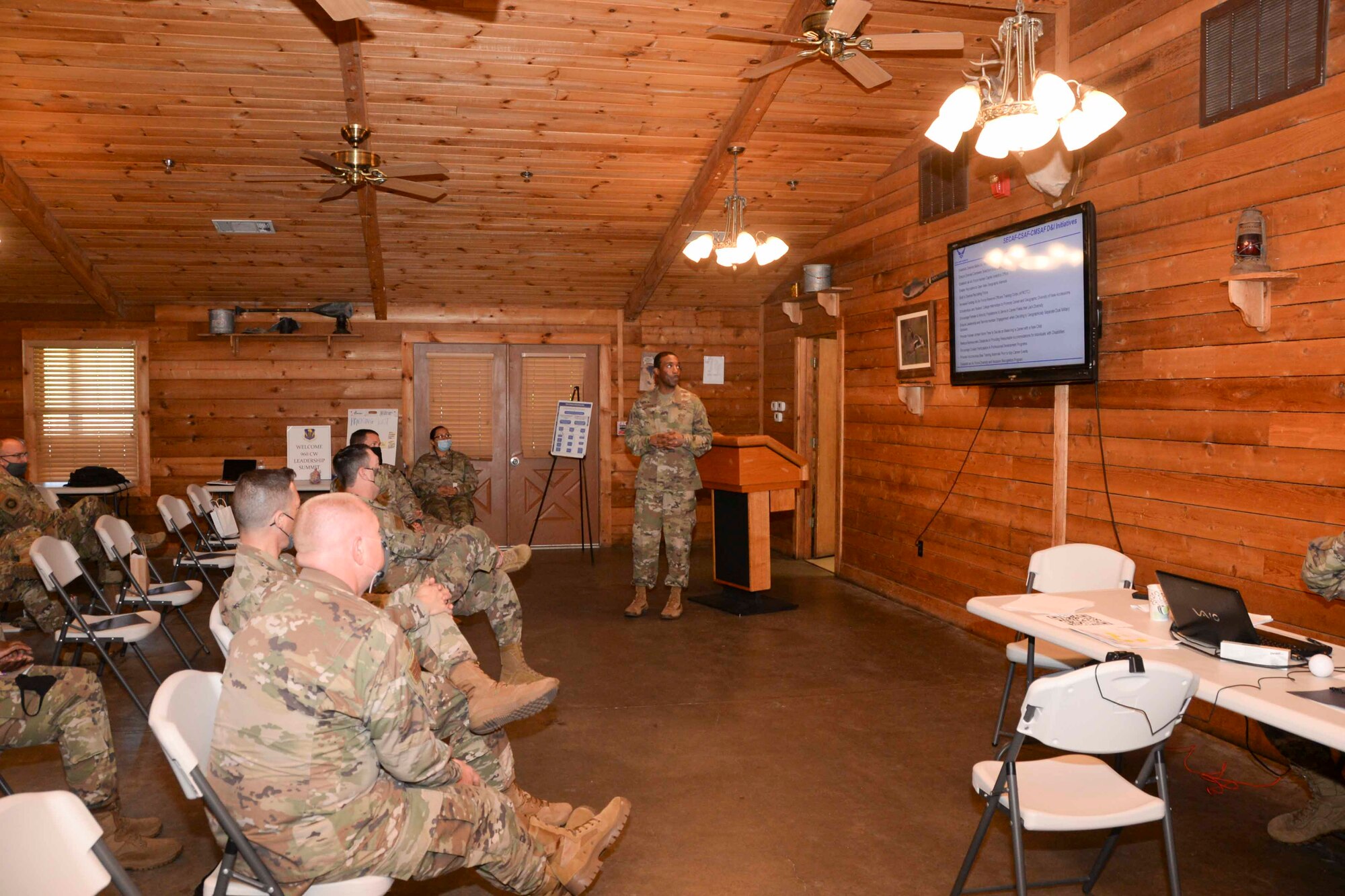 Col. Silas Darden, 960th Cyberspace Wing vice commander, briefs attendees of the 960th CW 2021 Leadership Summit on diversity and inclusion April 26, 2021, Robins Air Force Base, Georgia. (U.S. Air Force photo by Tech. Sgt. Samantha Mathison)