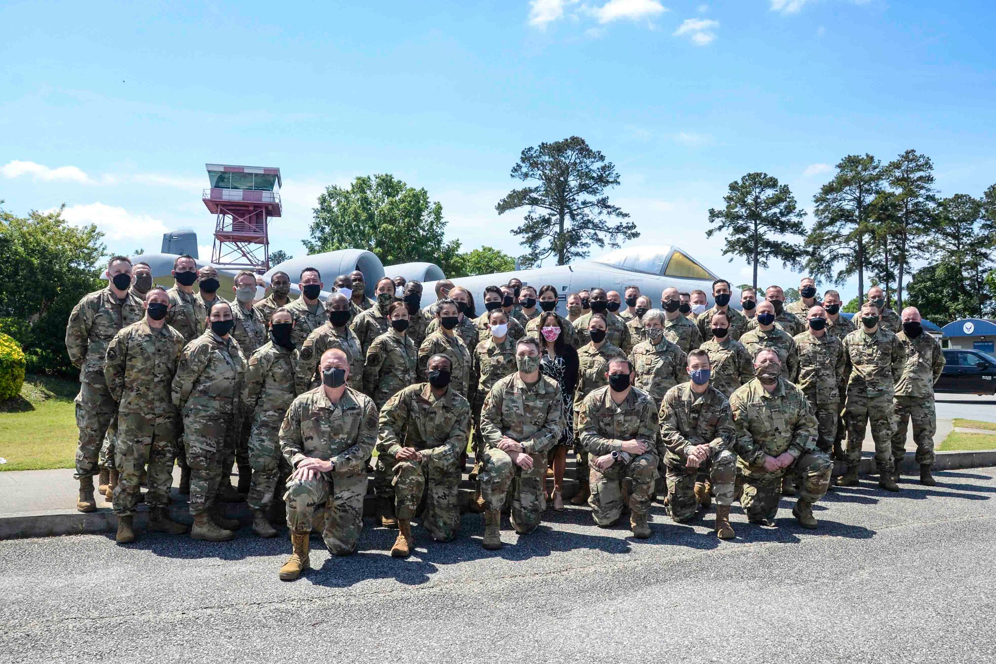 Reserve Citizen Airmen in physical attendance of the 960th Cyberspace Wing 2021 Leadership Summit at Robins Air Force Base, Georgia, pause for a photograph April 27, 2021. (U.S. Air Force photo by Tech. Sgt. Samantha Mathison)