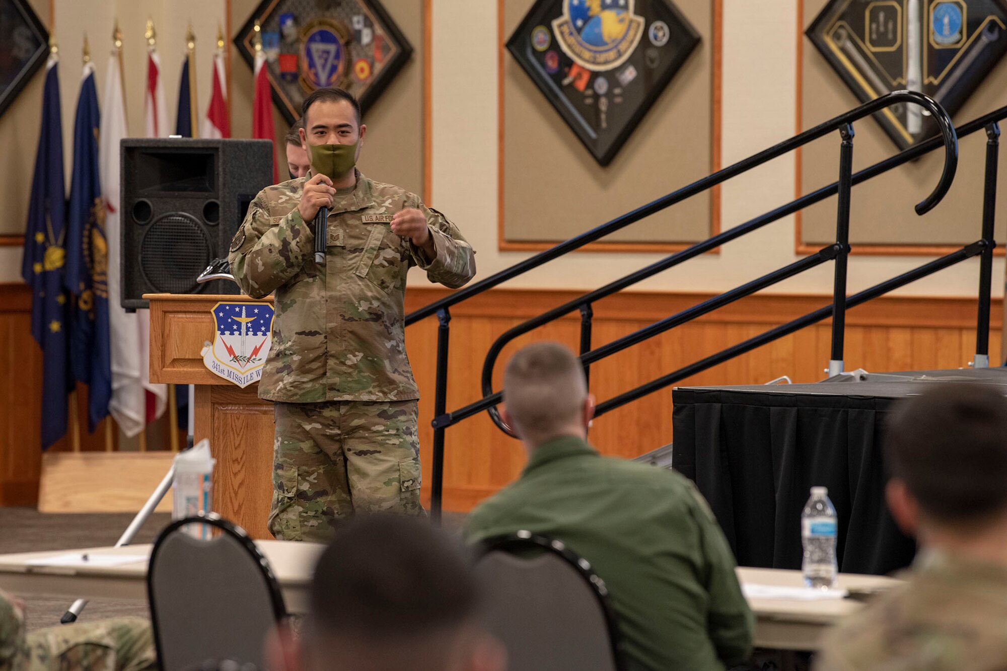 Tech. Sgt. Narongrit Suksangplank, 341st Civil Engineering Squadron structural planner, presents his innovative idea of enabling drones to conduct roof inspections April 16, 2021, at Malmstrom Air Force Base, Mont.