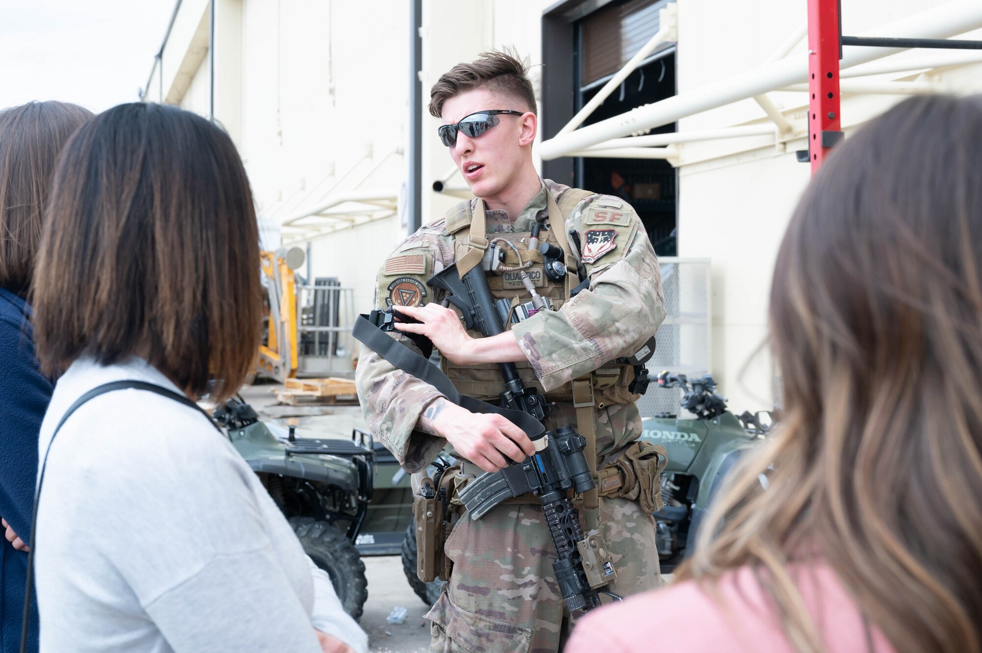 Airman First Class Sergio Garcia, 341st Missile Security Operations Squadron tactical response force team member, demonstrates how to use a tourniquet during a tour May 7, 2021, at Malmstrom Air Force Base, Mont.