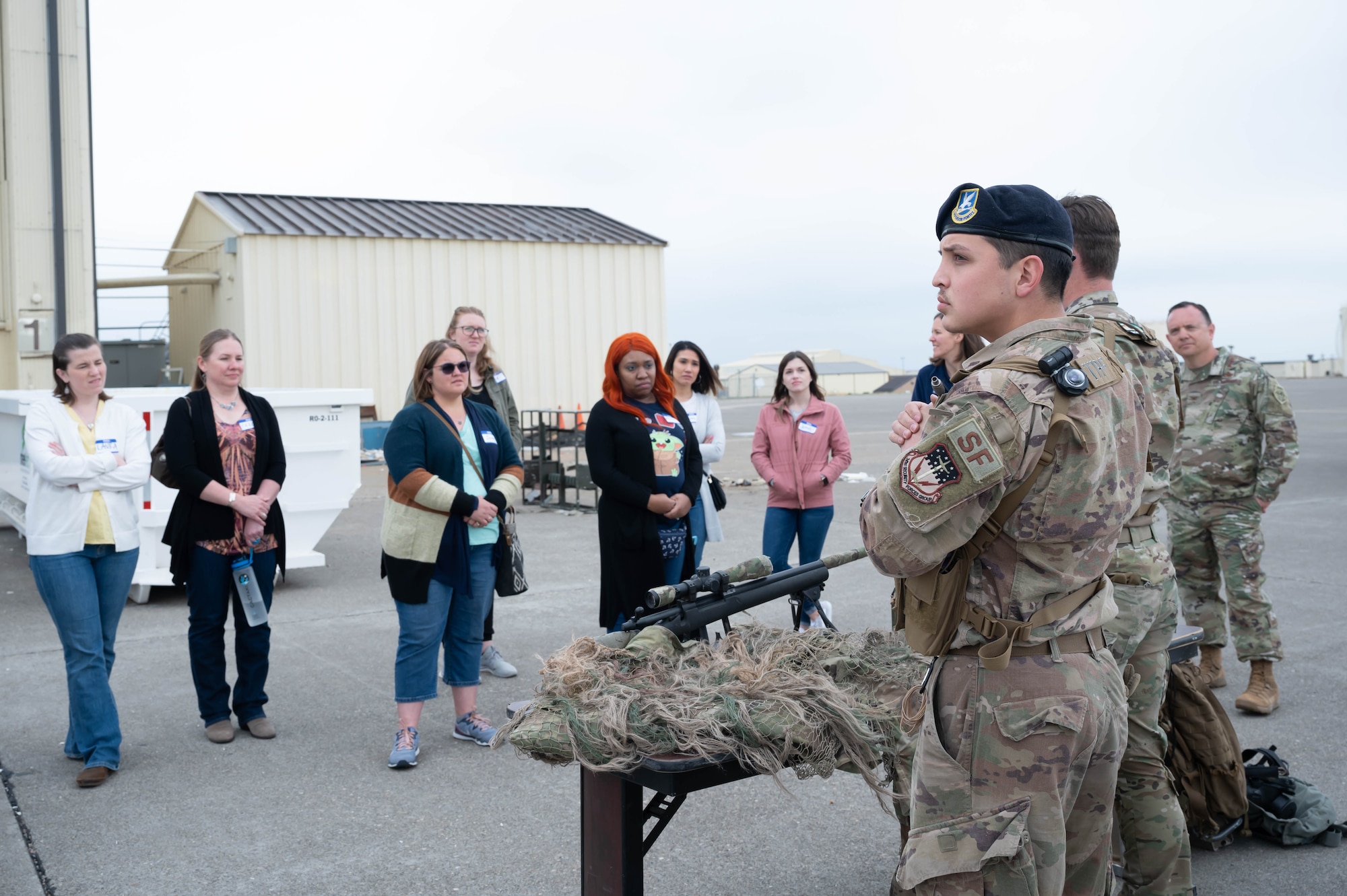Airmen with the 341st Missile Security Operations Squadron Tactical Response Force explain the different weapons and equipment used by their squadron during a tour May 7, 2021, at Malmstrom Air Force Base, Mont.