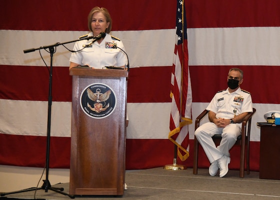 Vice Adm. Kelly Aeschbach speaks during a change of command ceremony.