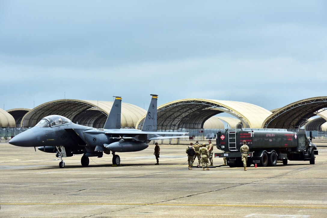 An F-15E Strike Eagle assigned to the 4th Fighter Wing is refueled