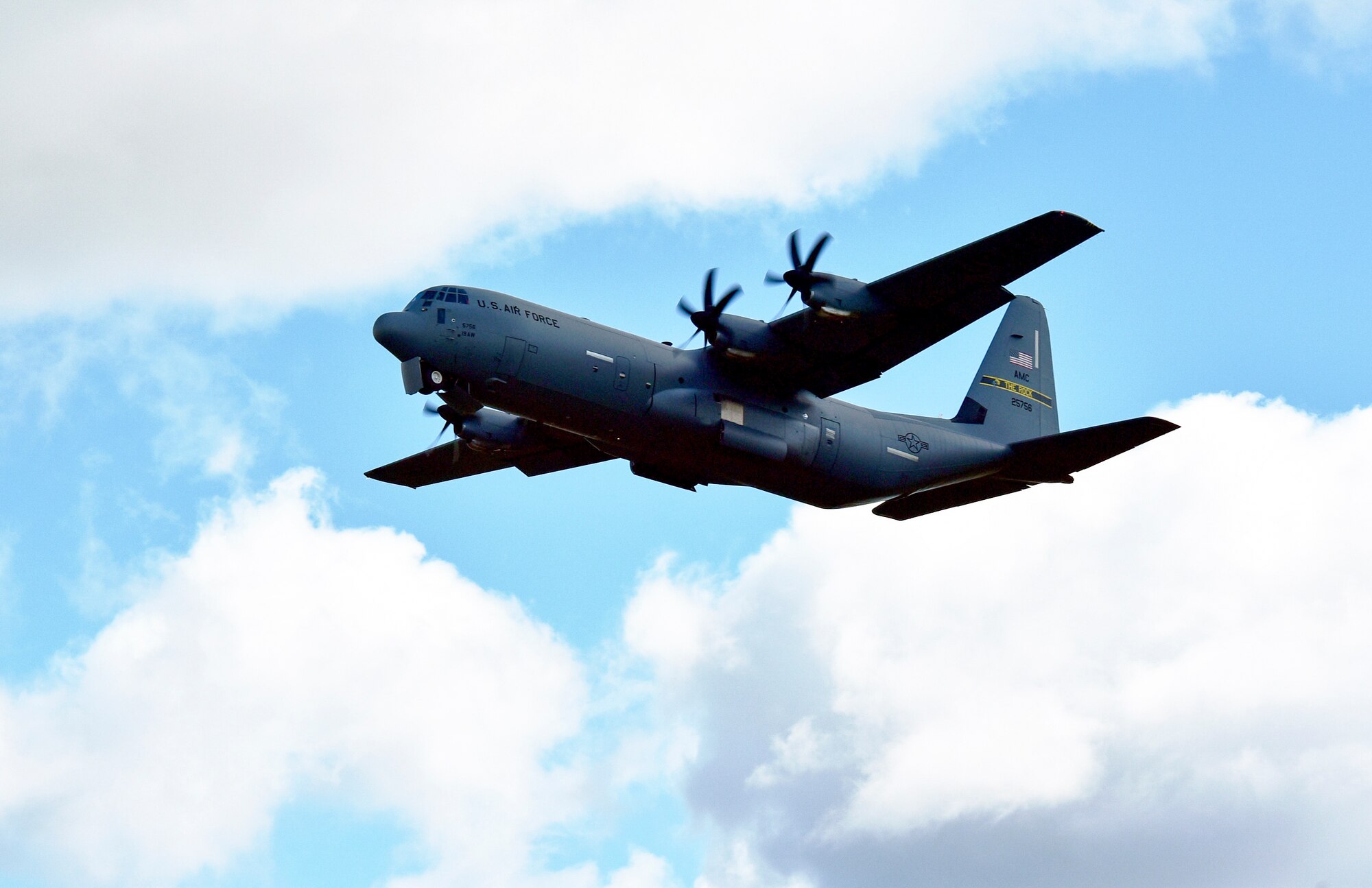 A C-130J Super Hercules assigned to the 19th Airlift Wing takes off from Volk Field Air National Guard Base