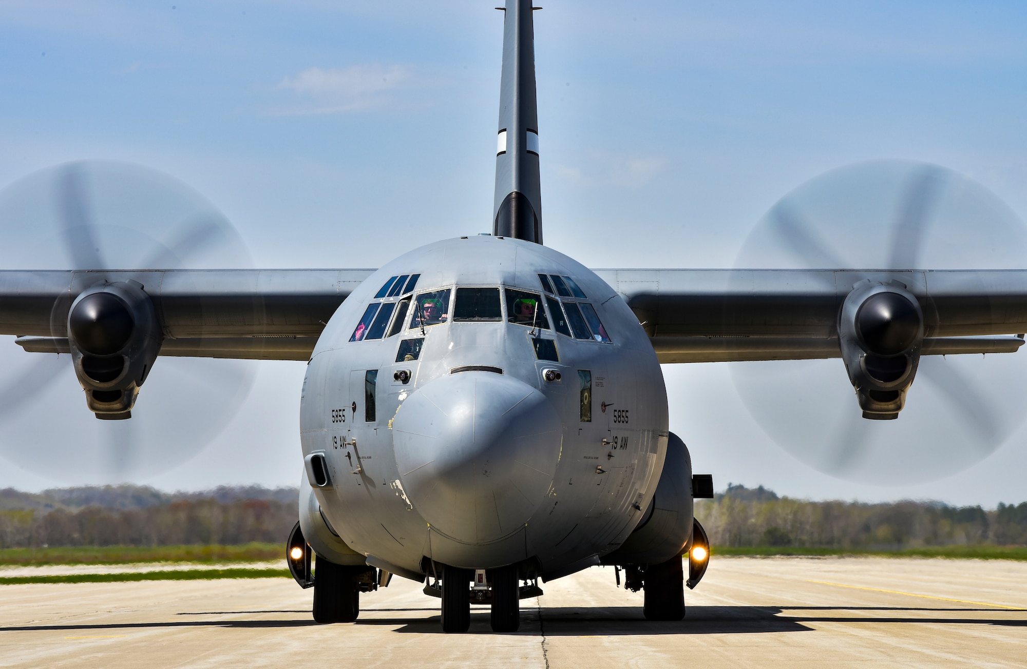 A C-130J Super Hercules assigned to the 19th Airlift Wing taxis on the flightline
