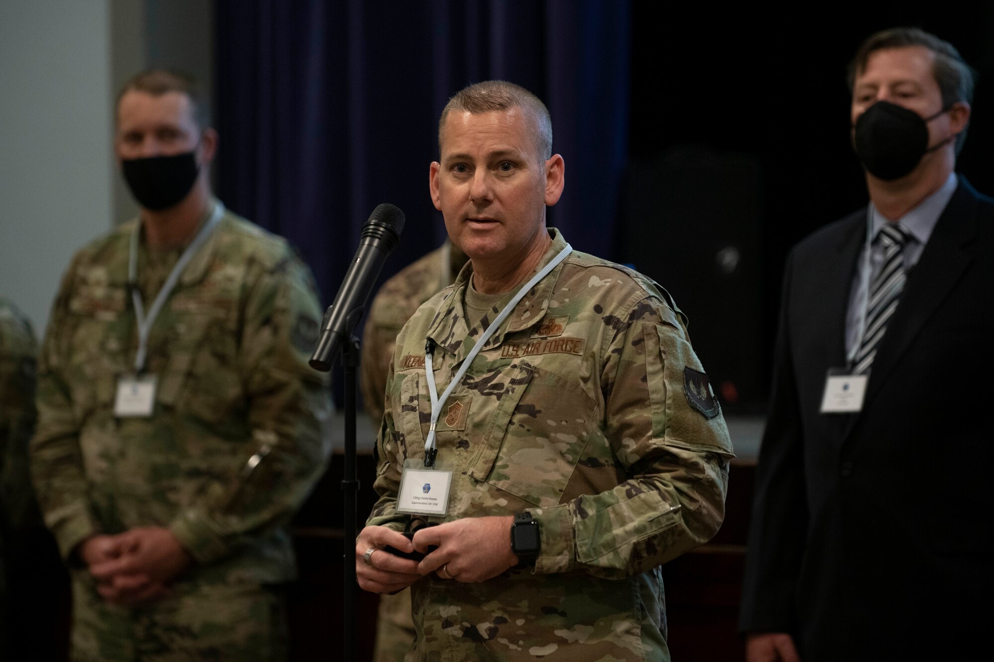 U.S. Air Force Chief Master Sgt. Daniel Keene, 501st Combat Support Wing command chief, welcomes attendees to the Pathfinder Innovation Conference 2021 at Royal Air Force Croughton, England, May 6, 2021. The 501st CSW hosted its first innovation conference to highlight new ideas and promote a culture of innovation within the wing. (U.S. Air Force photo by Senior Airman Jennifer Zima)