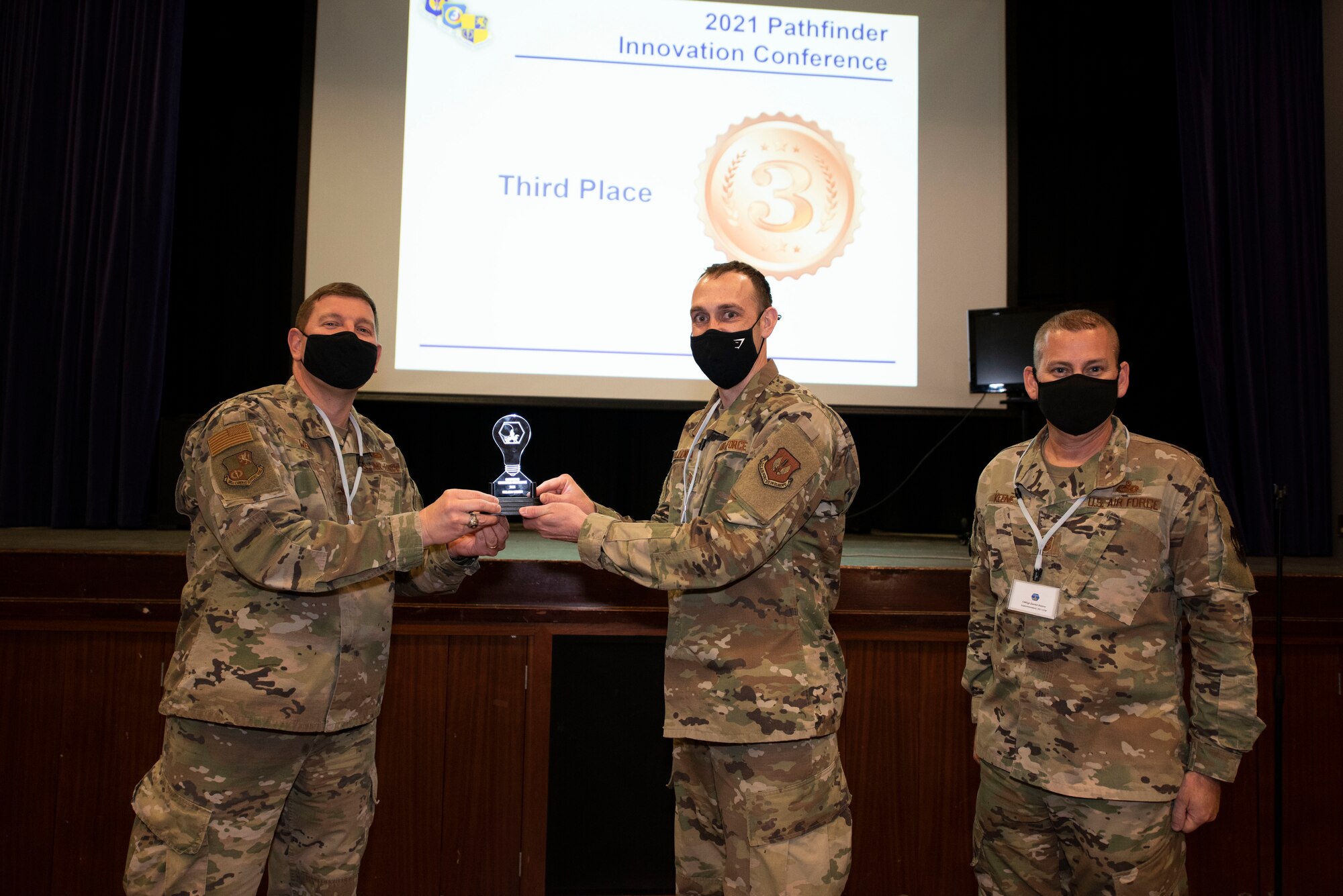 The 501st Combat Support Wing hosts the Pathfinder Innovation Conference 2021 at Royal Air Force Croughton, England, May 6, 2021. The conference highlighted new ideas and promoted a culture of innovation within the wing. The winning Shark Tank presentation, the 423rd Air Base Group, received full funding to implement their innovation. (U.S. Air Force photo by Senior Airman Jennifer Zima)