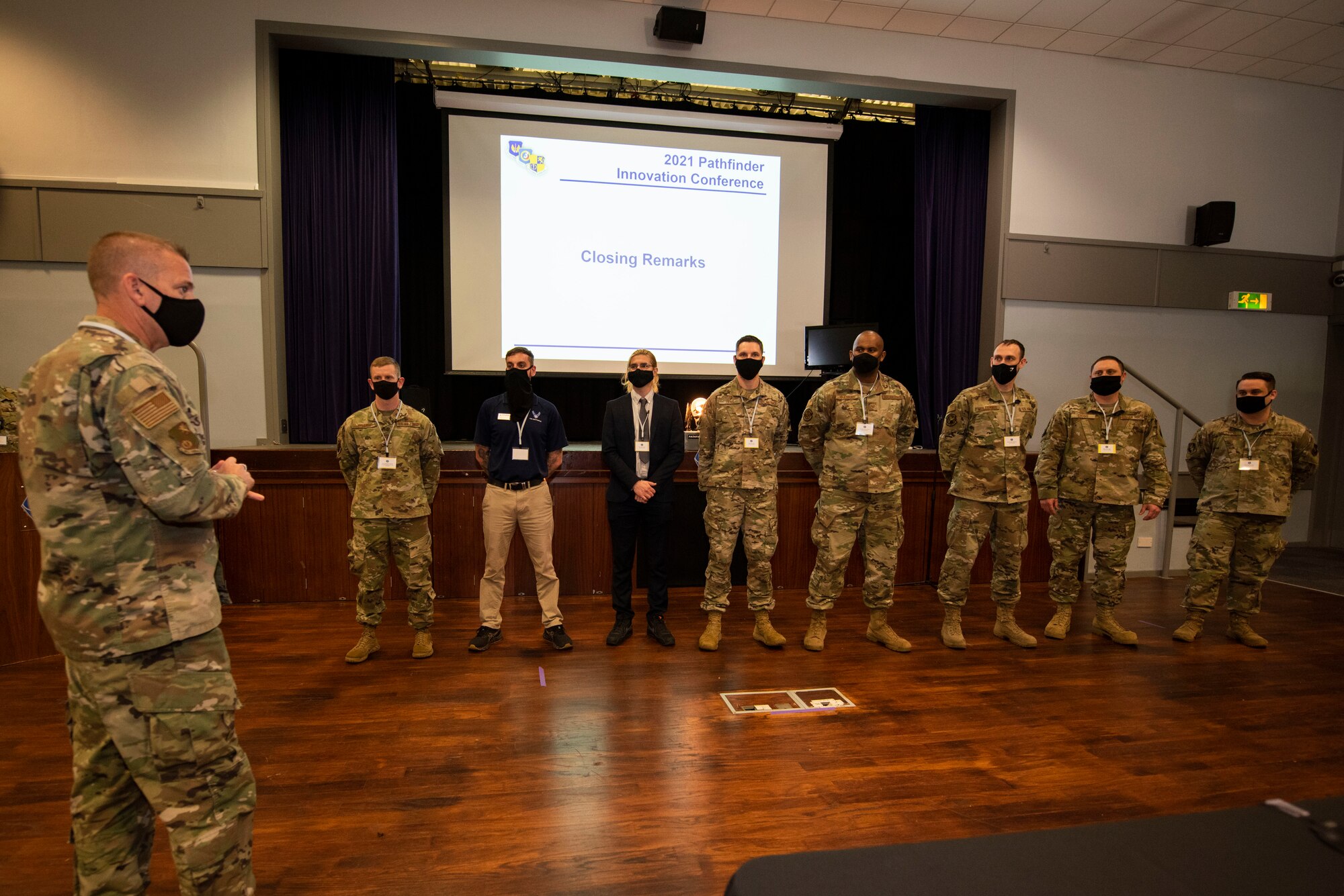 U.S. Air Force Chief Master Sgt. Daniel Keene, left, 501st Combat Support Wing command chief, recognizes the participants of the Pathfinder Innovation Conference 2021 at Royal Air Force Croughton, England, May 6, 2021. The winning Shark Tank presentation, the 423rd Air Base Group, received full funding to implement their innovation. The 501st CSW hosted its first innovation conference to highlight new ideas and promote a culture of innovation within the wing. (U.S. Air Force photo by Senior Airman Jennifer Zima)
