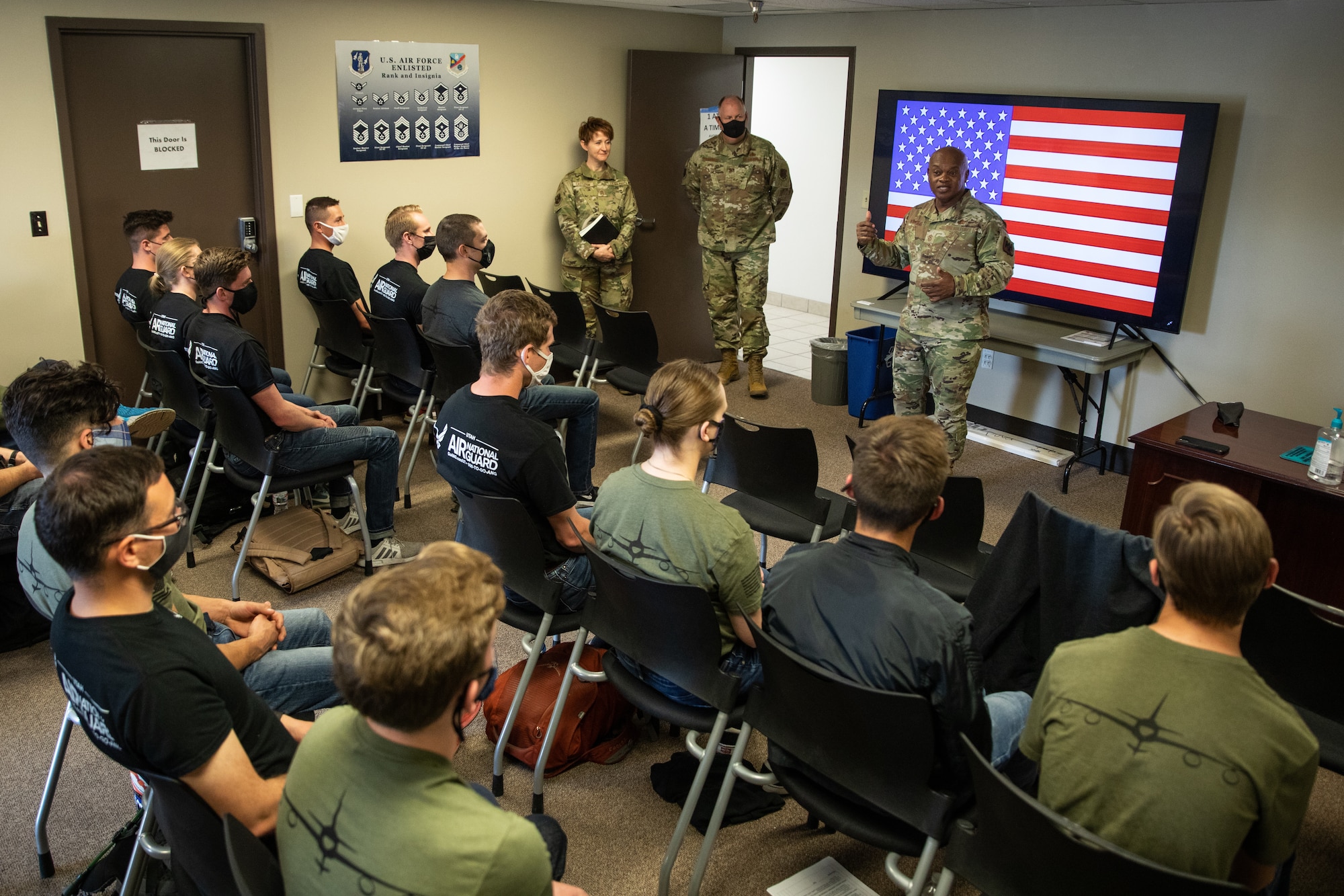 Senior enlisted advisor to the Chief of the National Guard Bureau Tony Whitehead talks to trainees assigned to the 151st Student Flight, Utah Air National Guard on May 2, 2021. The trainees recently enlisted in the 151st Air Refueling Wing and are awaiting training dates to basic military training to begin their military career. (U.S. Air National Guard photo by Tech. Sgt. Colton Elliott)