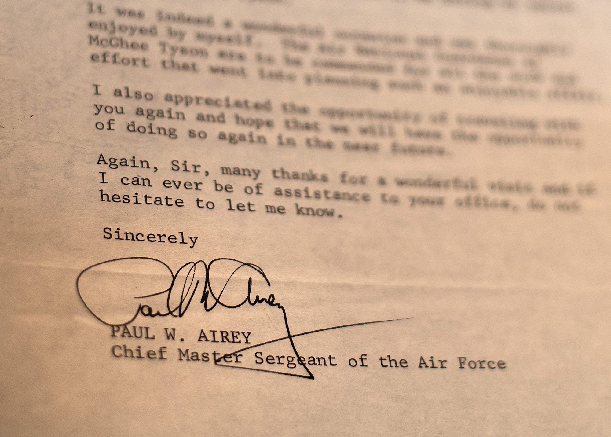 A letter signed by the 1st Chief Master Sgt. of the Air Force Paul W. Airey and addressed in 1968 to U.S. Air Force Maj. Gen. I.G. Brown, the first Director of the Air National Guard, gives thanks to General Brown for the invitation and attendance at the Air Guard's  NCO academy graduation on McGhee Tyson Air National Guard Base in East Tennessee.  (U.S. Air National Guard photo/Master Sgt. Mike R. Smith)