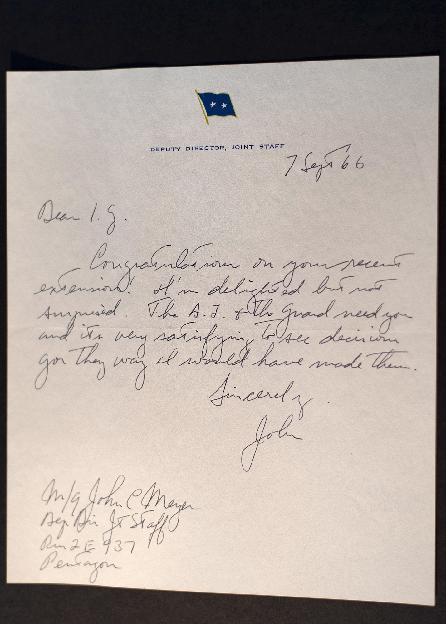 A letter from U.S. Air Force Maj. Gen. John C. Meyer, Word War II flying ace and Deputy Director of the Joint Chiefs of Staff at the time, to U.S. Air Force Maj. Gen. I.G. Brown, September 1966, congratulating him on his extension as the National Guard Bureau's Assistant Chief for Air. General Brown’s position later changed to make him the first Director of the Air National Guard. (U.S. Air National Guard photo/Master Sgt. Mike R. Smith)
