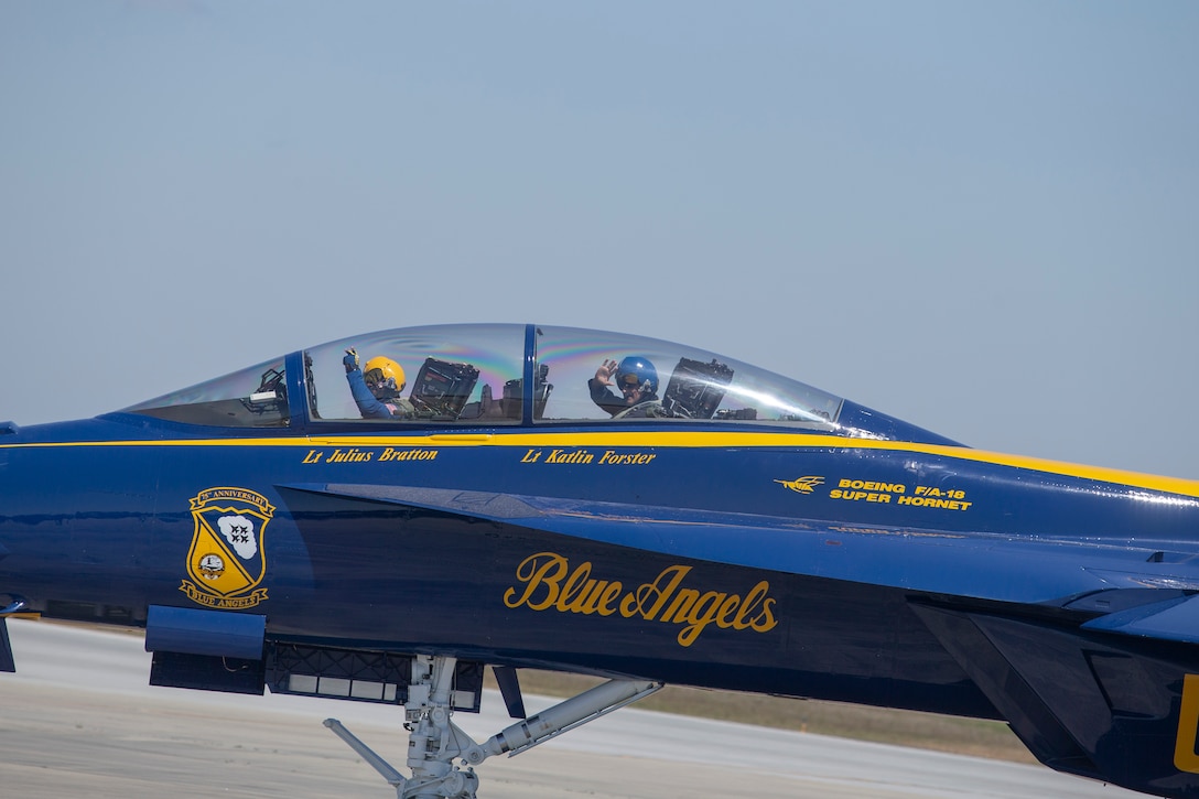 Blue Angels allow their Key Influencer to sit in the passenger seat during the demonstration practice aboard MCAS Beaufort.

(U.S. Marine Corps photo by Lance Cpl. Hernan Rodriguez)