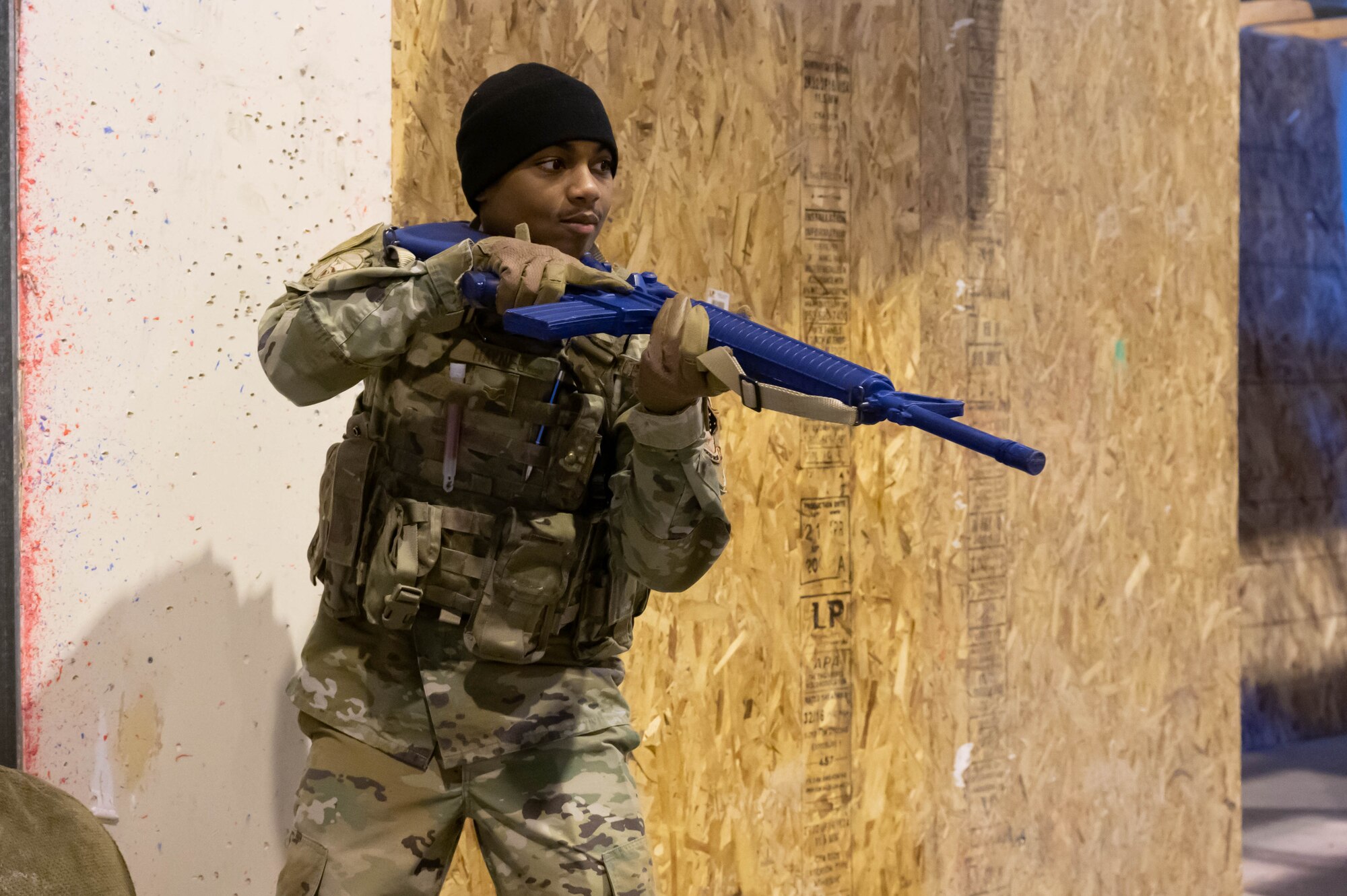 Airman 1st Class Joshua Haynes, 341st Security Forces Squadron member, holds a trainer weapon at the ready during active shooter training April 27, 2021 at Malmstrom Air Force Base, Mont.