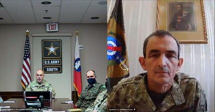 Maj. Gen. Daniel R. Walrath, left, U.S. Army South commanding general, conducted a virtual key leader engagement with Gen. Gerardo Daniel Fregossi Alvarez, right, the Uruguayan Army commander, May 10, to strengthen relations between the two armies and discuss opportunities for future engagements and training.