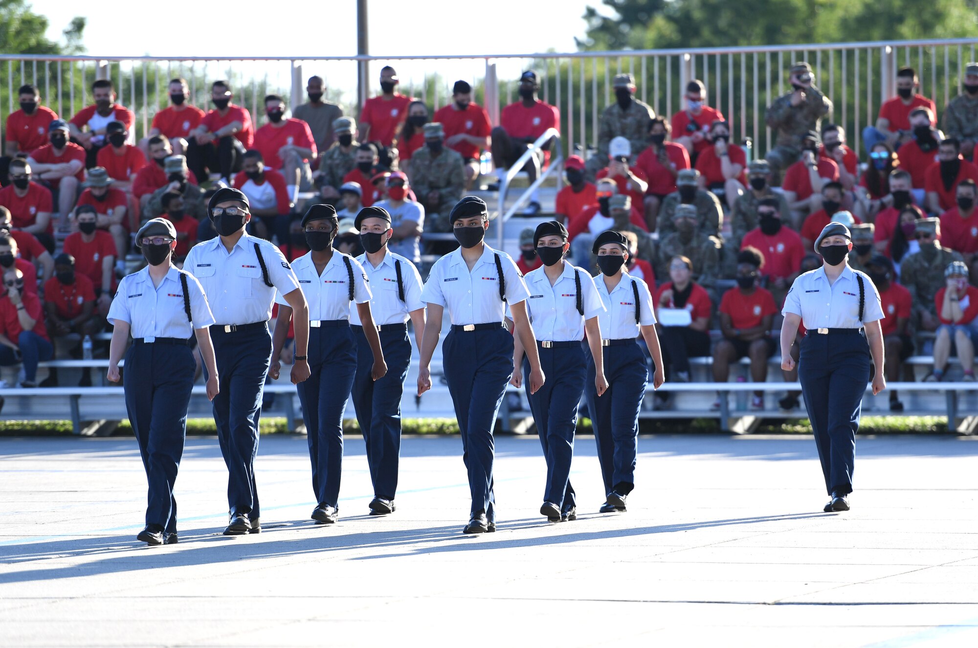 Members of the 335th Training Squadron regulation drill team performs during the 81st Training Group drill down on the Levitow Training Support Facility drill pad at Keesler Air Force Base, Mississippi, May 6, 2021. Airmen from the 81st TRG competed in a quarterly open ranks inspection, regulation drill routine and freestyle drill routine. While in training, Airmen are given the opportunity to volunteer to learn and execute drill down routines. (U.S. Air Force photo by Kemberly Groue)