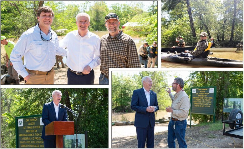 IN THE PHOTOS, Project Manager Jairus Stroupe and St. Francis Basin and White River Backwater Section Chief Billy Grantham attended the Arkansas Water Trails dedication ceremony along with Arkansas Governor Asa Hutchinson, the St. Francis Lake Association, the Arkansas Water Trails, the City of Trumann, and the Arkansas Game and Fish Commission. On behalf of the St. Francis Lake Association, Dr. Neal Vickers recognized U.S. Army Corps of Engineers Project Manager Jairus Stroupe and late USACE Retiree Regina Kuykendoll Cash for their efforts in maintaining the St. Francis Basin. Those efforts are now responsible for allowing the river to be appropriately regulated within the sunken lands.