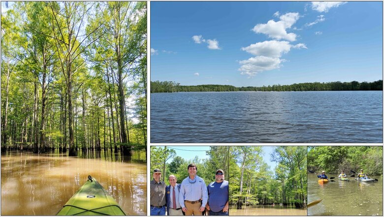 IN THE PHOTOS, (bottom center photo, from left to right) St. Francis Basin and White River Backwater Section Chief Billy Grantham, Arkansas State Representative Johnny Rye, Project Manager Jairus Stroupe, and St. Francis Lake Association President Terry Rollins Jr. All other photos are of the water trails located in Arkansas.
